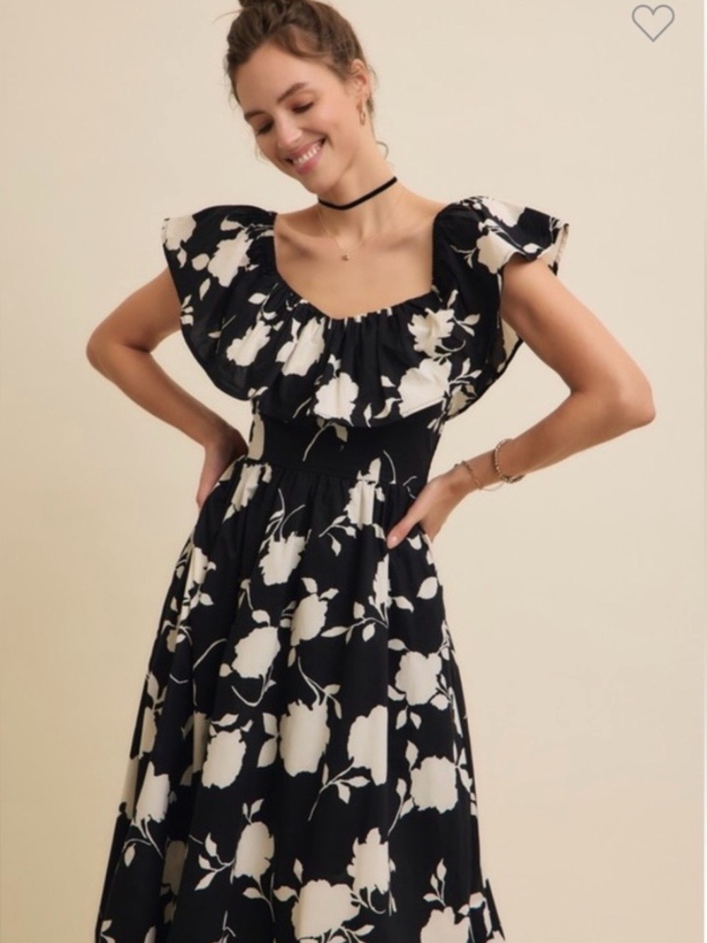 🖤🤍Black and White floral ruffled convertible cotton midi dress.  Size L.